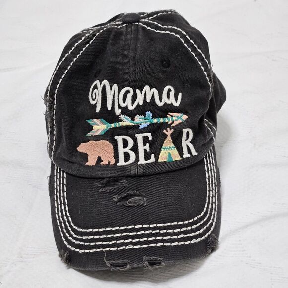 Mama Bear Distressed Logo Embroidered Ball Cap Black Kbethos Vintage Brand - Picture 1 of 7